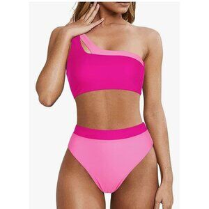 Mooslover Womens Cutout One Shoulder High Waisted Bikini Set High Cut Size S